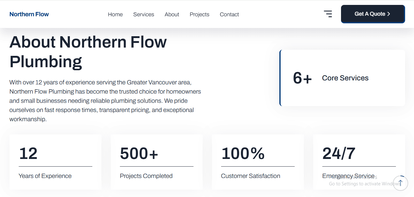 Northern Flow Plumbing Website About Company Section