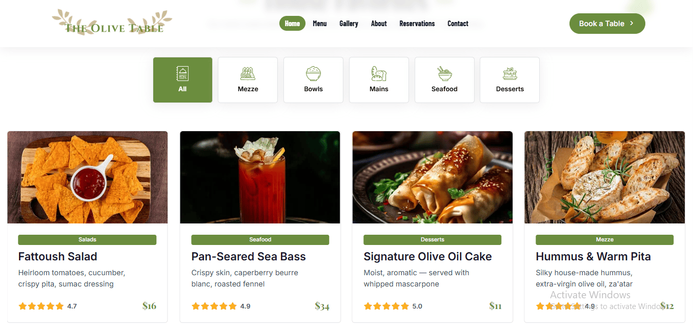 The Olive Table Restaurant Website Menu Page Design