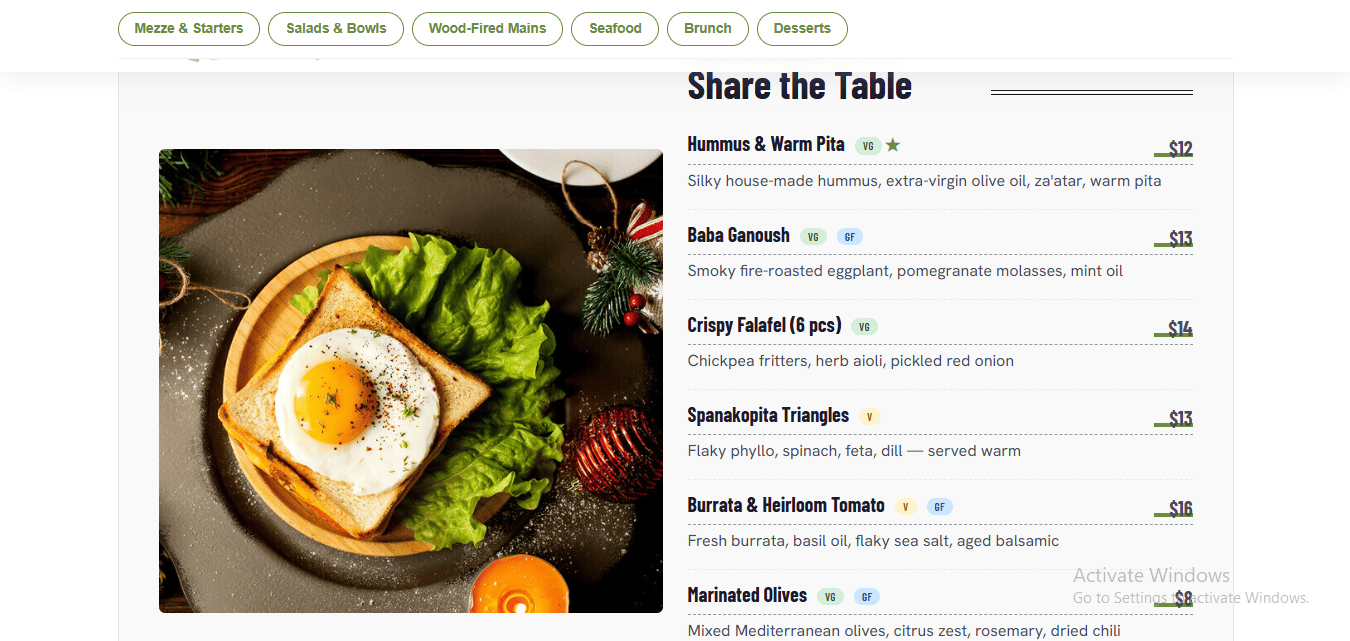 The Olive Table Restaurant Website Reservations Section