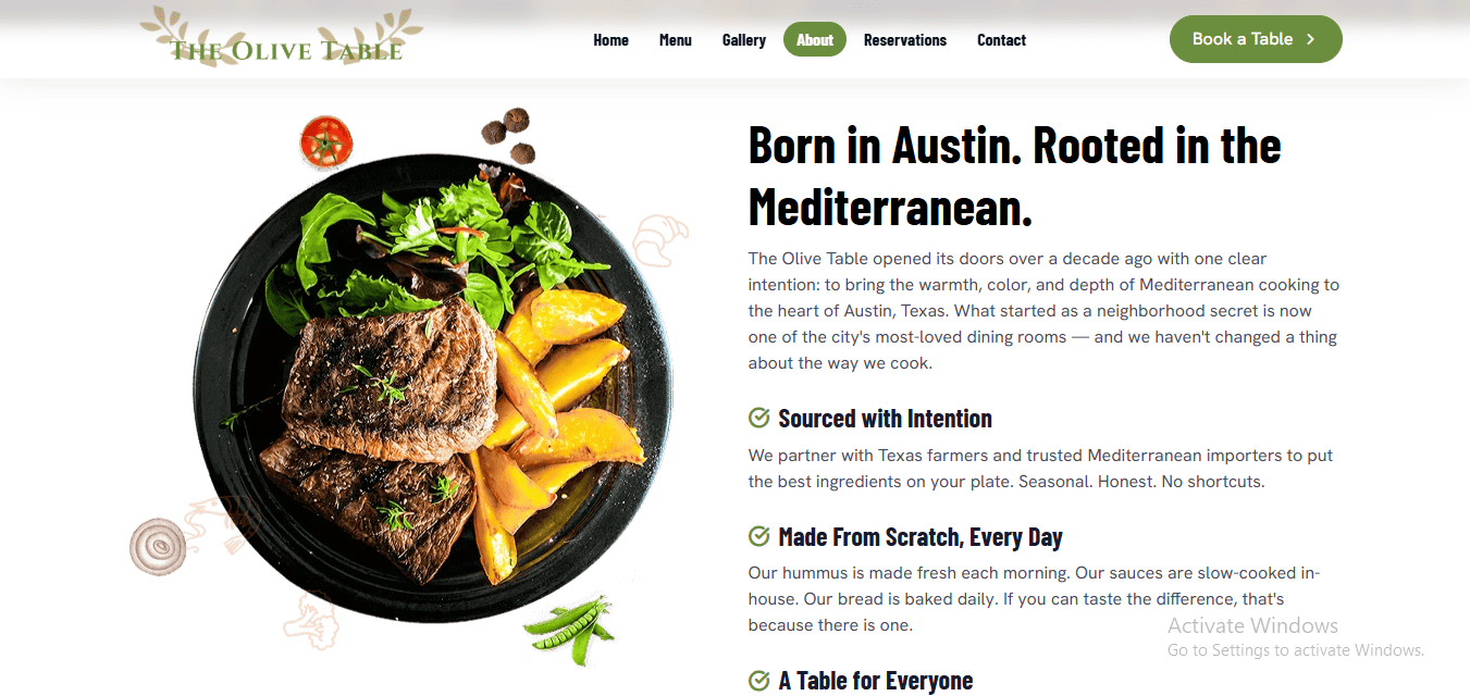The Olive Table Restaurant Website About Us Page