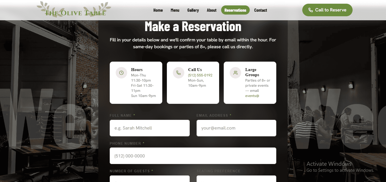 The Olive Table Restaurant Website Footer and Contact Information